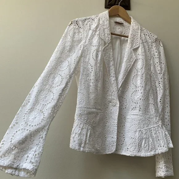 Wrap London Blazer Jacket Size UK 12 White Broderie Anglaise Long Sleeve - Picture 2 of 10